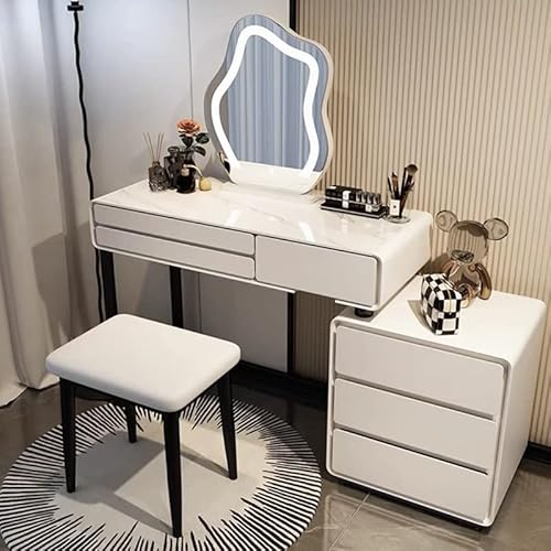 GKever Make-up-Schminktisch, moderner Schreibtisch mit beleuchtetem Spiegel und gepolstertem Hocker, große Schlafzimmer-Tischplatte in Marmoroptik