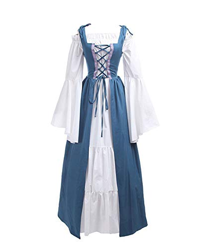 Mengyu Damen Mittelalter-Kostüm Langarm Vintage Retro Mittelalterkleid Gothic Prinzessin Kleid Blau 3XL