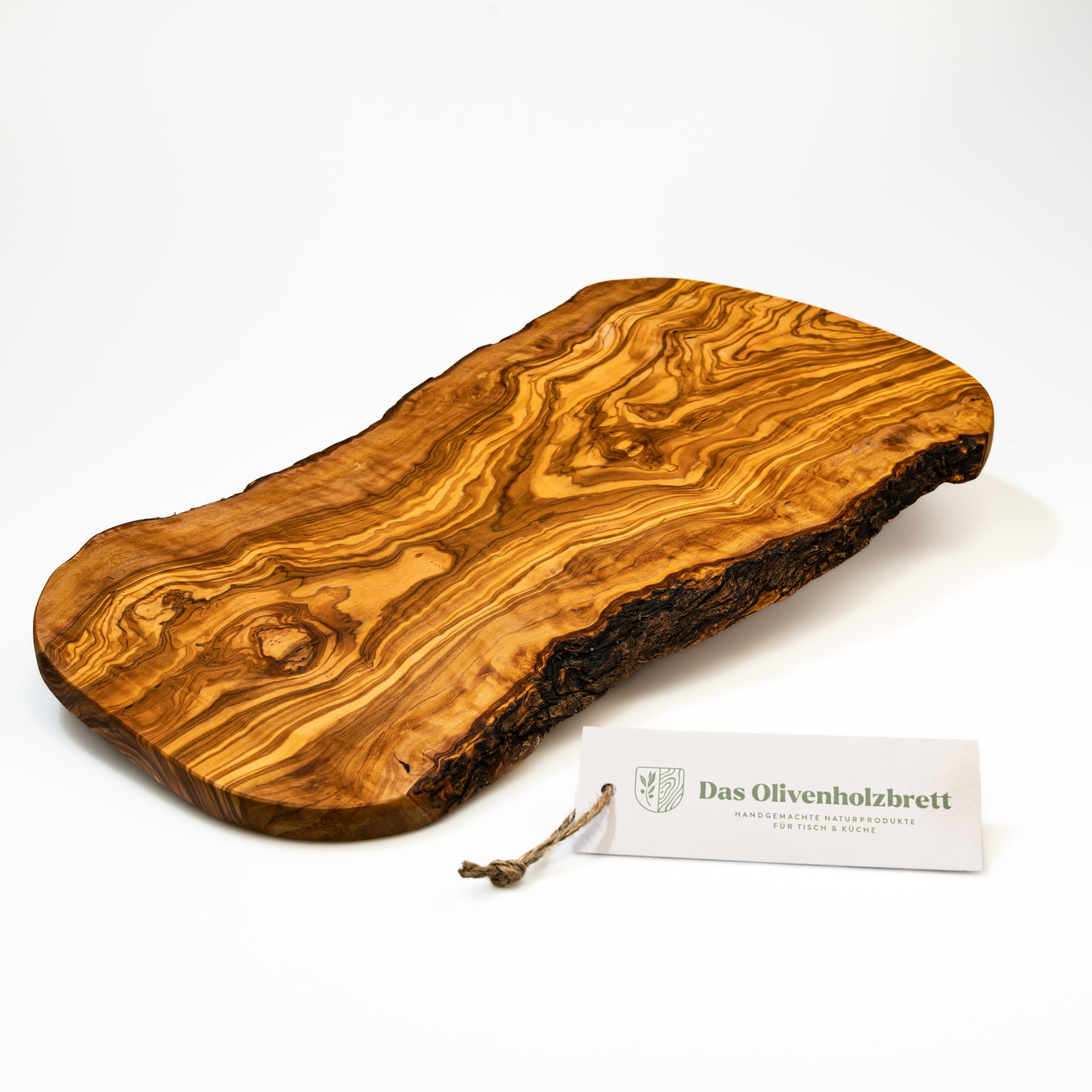 DAS OLIVENHOLZBRETT® Schneidebrett Olivenholz, Brotzeitbrett aus Holz mit naturbelassenem Rand, 50 cm