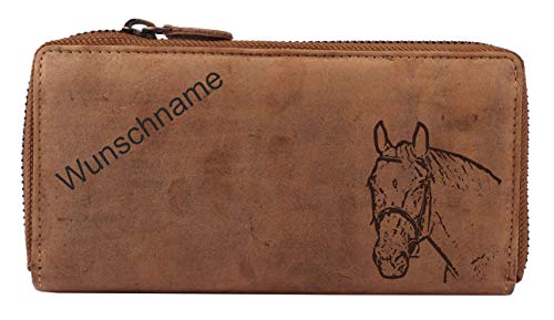 Greenburry Vintage Leder Damen Geldbörse Brieftasche Pferdemotiv inkl. Wunschname Braun 19x10x2,5cm