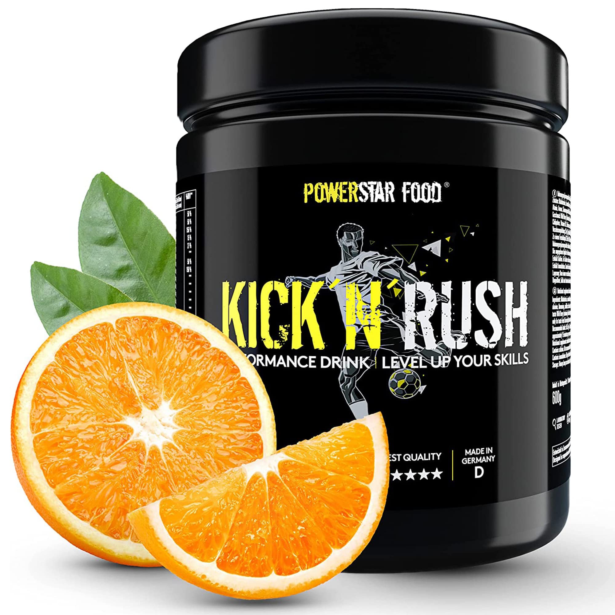 Powerstar KICK'N'RUSH Juicy Orange 600 g | Pre-Workout-Booster für Fußball & andere Ballsportarten | Deutsche Herstellung | Fitness-Pulver mit Elektrolyten & Koffein | Energie & Ausdauer im Training