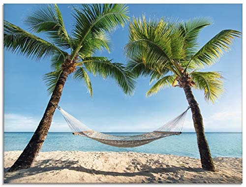 Artland Qualitätsbilder | Glasbilder Deko Glas Bilder 80 x 60 cm Karibik Palmen Strand Hängematte Landschaft B6VD