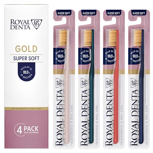 Royal Denta Gold Super Soft Zahnbürste 4 Stück, Extra Weiche Zahnbürste für empfindliche Zähne und Zahnfleisch, Doppellänge Borsten für die Interdentalreinigung, Goldpartikel zur Vermeidung von Bakterien, Mehrfarbig