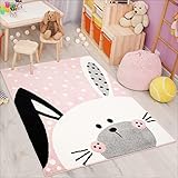 carpet city Kinderteppich Bubble Kids Flachflor Schlappohr-Hase, weiß gepunktet in Rosa für Kinderzimmer; Größe: 80x150 cm
