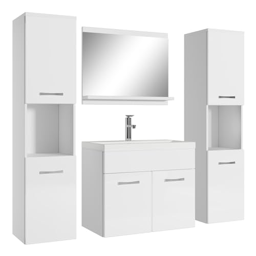 Badezimmer Badmöbel Set Montreal XL 60 cm Waschbecken Weiß Hochglanz Fronten - Unterschrank Hochschrank Waschtisch Möbel