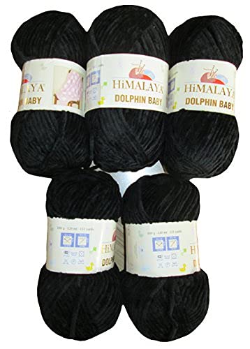 5 x 100 Gramm Himalaya Dolphin Strickwolle, Babywolle , 500 Gramm Wolle Super Bulky (schwarz 80311)