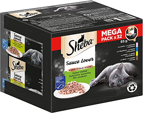 Sheba Sauce Lover - Feinstes Katzennassfutter in der Schale - Feine Vielfalt mit Lachs (MSC), Thunfisch (MSC), Huhn und Ente - 32 x 85g