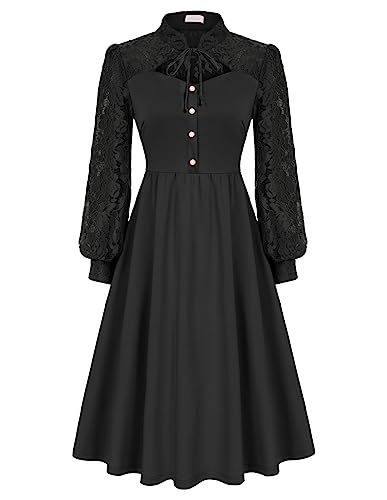 Damen Spitzenkleid Elegant Langarm A-Linie Kleider Festliche Cocktailkleid Abendkleid Schwarz XL