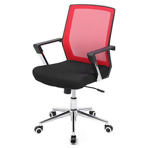 SONGMICS Bürostuhl mit Netzbezug, höhenverstellbarer Chefsessel, Schreibtischstuhl mit Wippfunktion, Drehstuhl mit gepolsterter Sitzfläche, Stahlgestell, verchromt, 150 kg, rot-schwarz OBN83RD