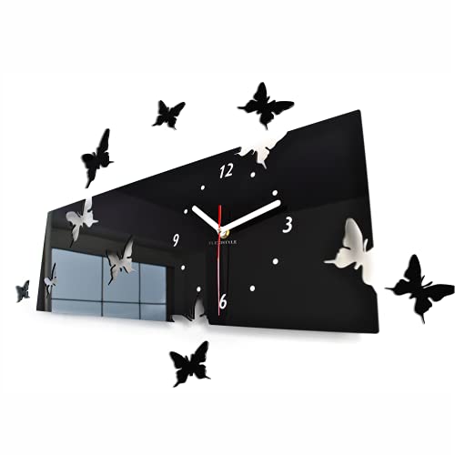 FLEXISTYLE Große Moderne Wanduhr Schmetterling Schwarz Querformat 20 x 60 cm, 3D DIY, Wohnzimmer, Schlafzimmer, Kinderzimmer