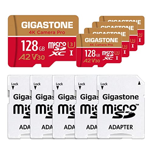 [5 Jahre Kostenlose Datenwiederherstellung] Gigastone A2 V60 Speicherkarte 128 GB 5 Karten, 4K Pro Kamera, kompatibel mit GoPro Drohne Switch, Geschwindigkeit 120/80 MB/s. U3 MicroSDXC mit SD-Adapter