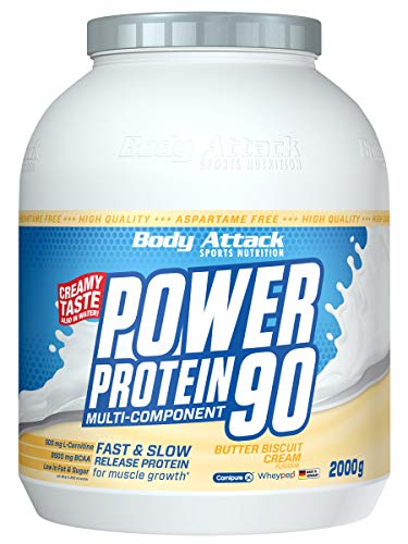 Body Attack Power Protein 90, 5K Eiweißpulver mit Whey-Protein, L-Carnitin und BCAA für Muskelaufbau und Fitness, Made in Germany (Butter Biscuit Cream, 2 kg)