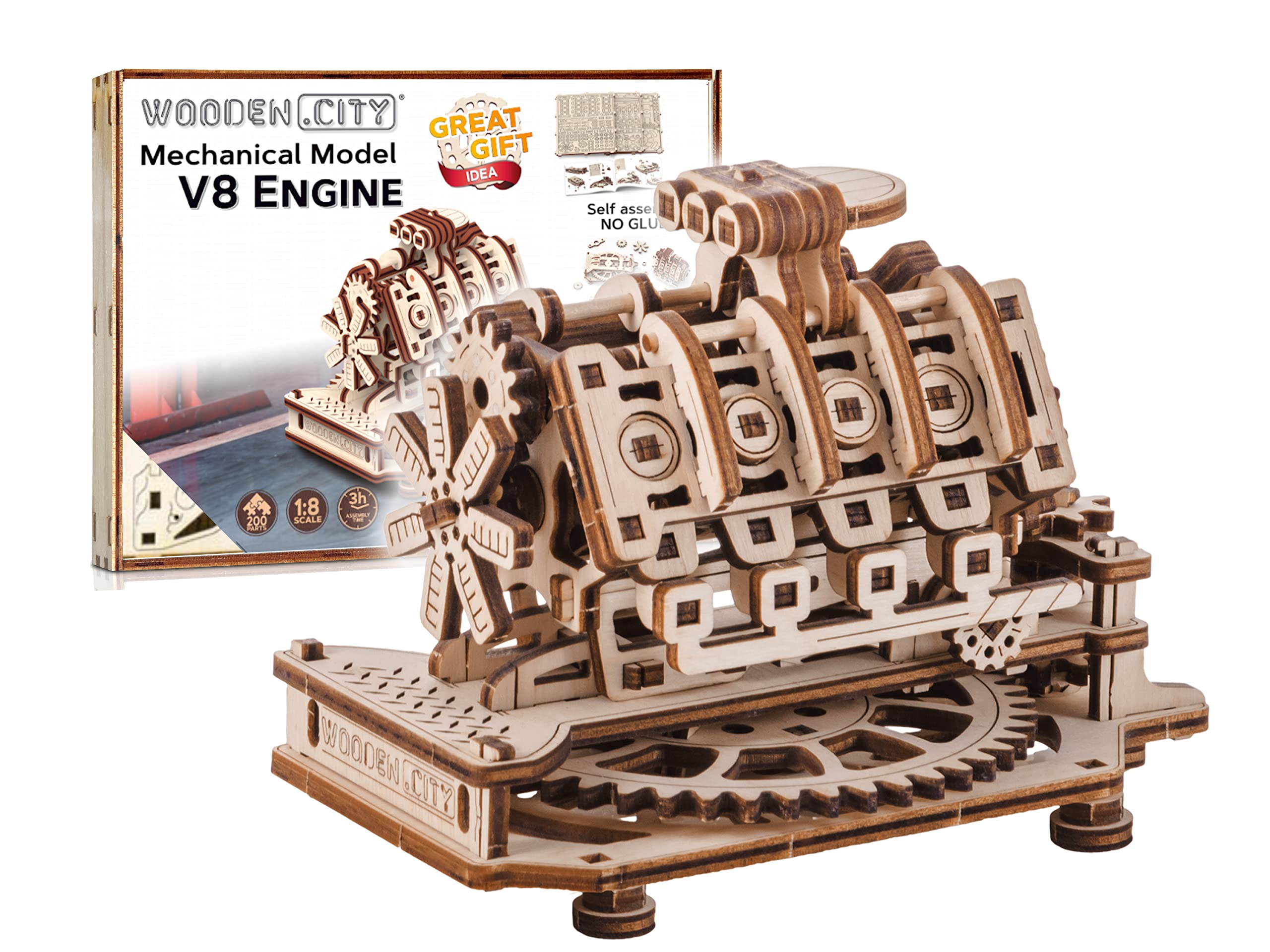 WOODEN.CITY 3D Puzzle Holzmodellbausatz zum Bauen - V8 Engine, Mechanisch Spielzeug für Erwachsene, Laser Cut DIY - Holzpuzzle Erwachsene, Miniatur Motor Bausatz, Modellbausatz