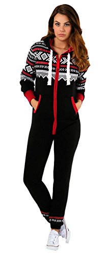 Newfacelook frauen gedruckt onesie mit kapuze alle in einem zip hoodie damen Overall Trainingsanzug, M, Black-red
