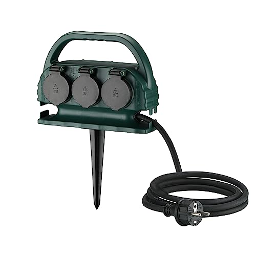 XUANSHI 6-Fach Garten-Steckdose IP44 mit Tragegriff und Erdspieß, wasserfeste Außensteckdose mit H07RN-F Gummi Kabel (5m, grün)