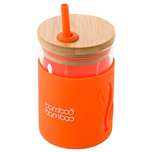 bamboo bamboo Schnabeltasse mit Strohhalm und Deckel für Kinder, Trinkbecher für Kinder, Fassungsvermögen: 11,8 oz Milch, Saft, Wasser oder Smoothies - Kinderbecher aus Glas mit stoßfester Silikonhüls