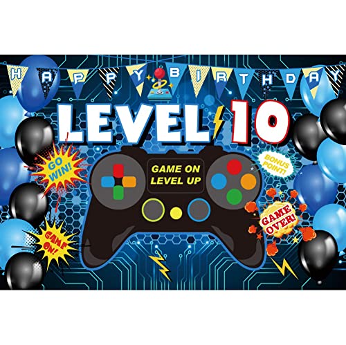 AWERT 2,1 x 1,5 m Level 10 Videospiel auf Hintergrund, schwarz-blauer Ballon, Cartoon, schwarze Spielkonsole, Level-Up-Geburtstag, Fotografie-Hintergrund für Kinder, Jungen, Party-Dekoration, Kuchen,