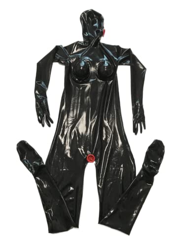 Sexy Schwarz Latex Ganzkörper Catsuit Handschuhe Socken Silikon Brusttasche mit Mund Anus Kondom