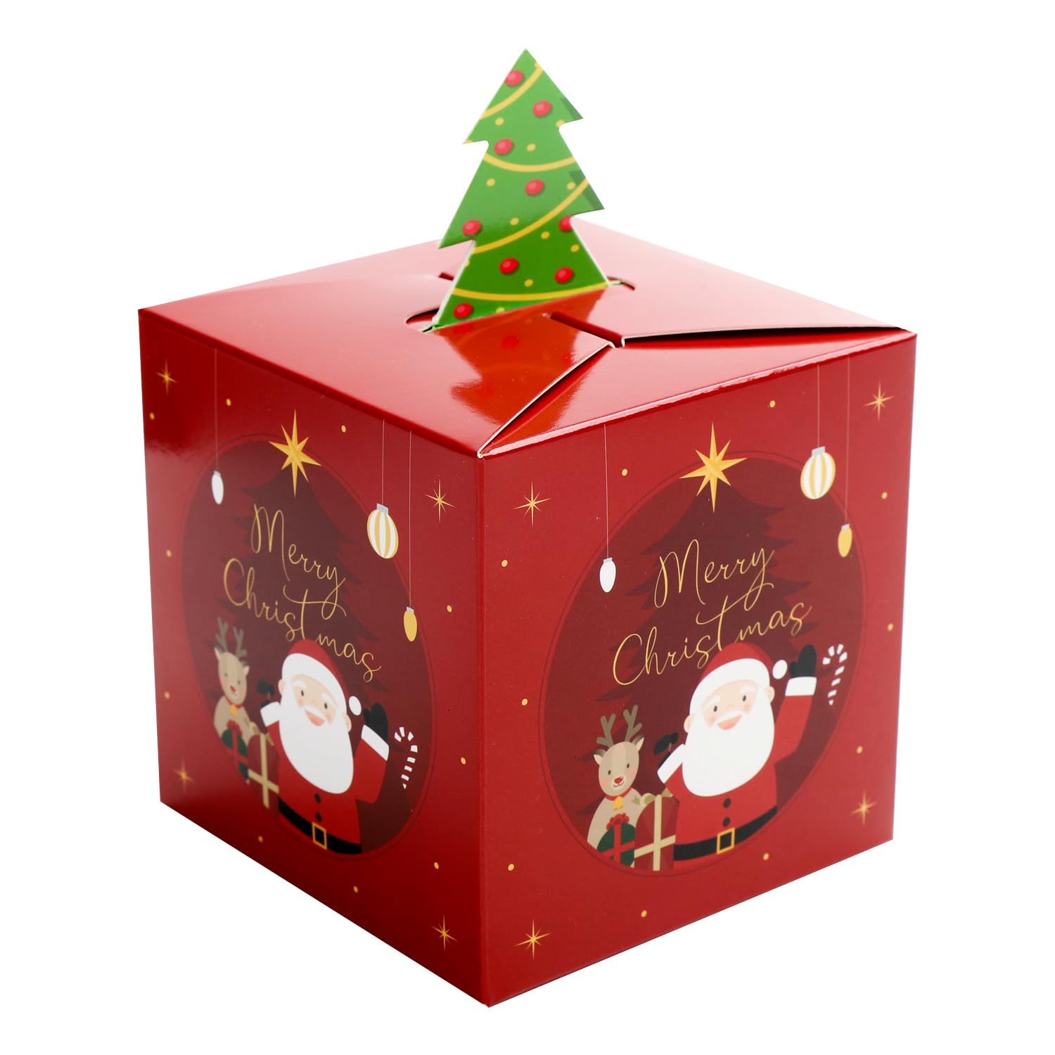 Weihnachts-Geschenkboxen, 3D-Geschenkboxen, Weihnachtsgeschenke, Kekse für Gebäck, Süßigkeiten, Urlaubsbäckerei und Partyzubehör, 10,2 x 10,2 x 20,8 cm (Weihnachtsmann und Hirsch)