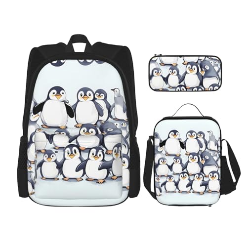 MDATT Viele niedliche Baby-Pinguin-Skizzenrucksack mit Lunchbox und Federmäppchen, 7,6 cm, Kawaii-Rucksäcke mit Lunch-Tasche, passende Kombination