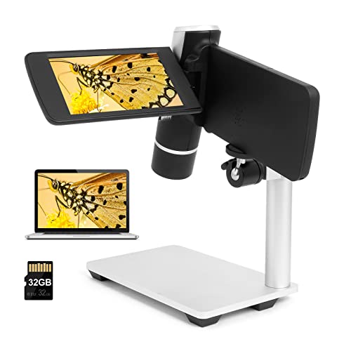Andonstar AD203 Tragbares Hand Digitales Mikroskop, Taschenmikroskop mit 4-Zoll-Bildschirm für Kinder und Erwachsene, Schwarze Metallhalterung, USB-Münzmikroskop, unterstützt PC