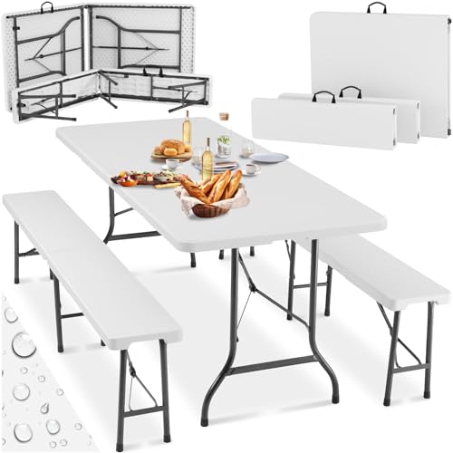 tectake 801081 Campingmöbel Set, klappbare Campingtischgarnitur mit Tisch und Zwei Bänken, 180cm lang, Picknick Bierzeltgarnitur, 3-teilig, mit Tragegriffen,klappbar (weiß)