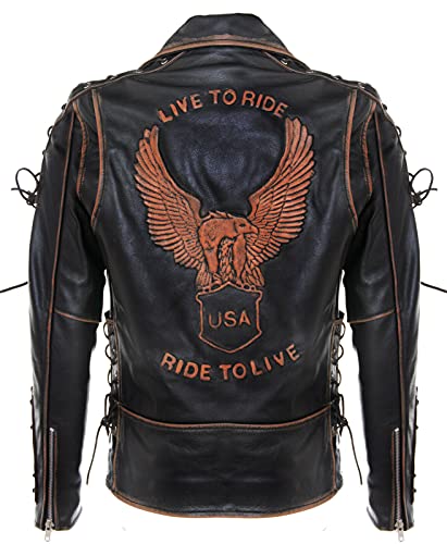 Infinity Leather Herren Jahrgang Schwarz Brando LIVE to Ride Geprägte Eagle Leder Motorrad Motorradjacke L