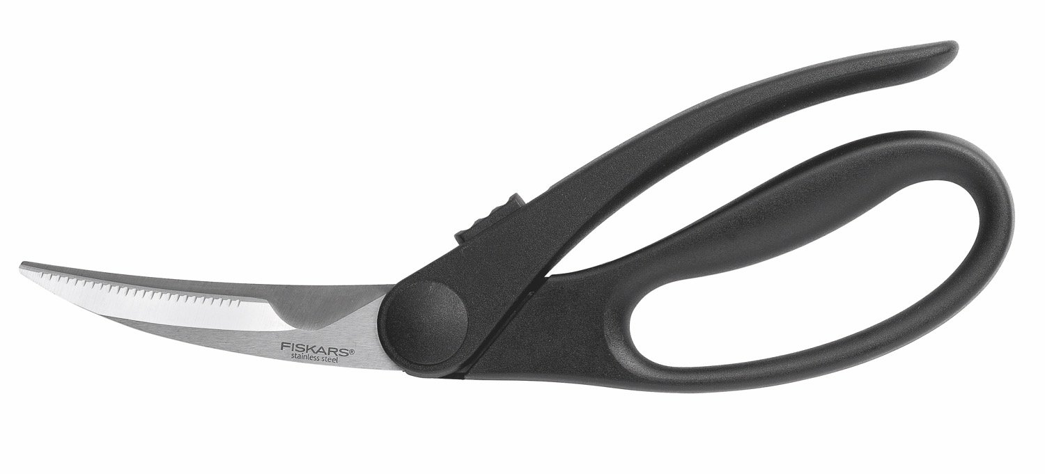 Fiskars Geflügelschere mit gebogenen Profilklingen, Edelstahl, Länge: 23 cm, Für Rechts- und Linkshänder, Schwarz/Silber, Essential, 1023819