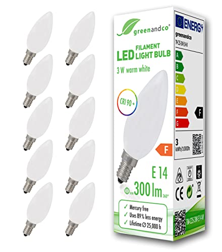 10x greenandco® CRI90+ LED Lampe ersetzt 28 Watt E14 Kerze matt, 3W 300 Lumen 2700K warmweiß Filament Fadenlampe 360° 230V AC nur Glas, nicht dimmbar, flimmerfrei, 2 Jahre Garantie