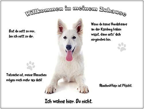 Merchandise for Fans Blechschild/Warnschild/Türschild - Aluminium - 30x40cm - - Willkommen in Meinem Zuhause - Motiv: Weißer Schäferhund liegend - 12