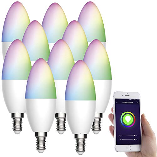 Luminea Home Control Alexa-Leuchtmittel E14: 10er-Set WLAN-LED-Lampe kompatibel mit Amazon Alexa/Google Assistant, E14, 5,5 W (WiFi-Lampen E14)