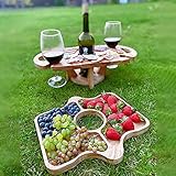 Holz Weintisch Outdoor Picknicktisch mit Weinglashalter, Tragbarer Outdoor Weintisch, Kreatives 2 in 1 Weinglasregal & Fachschale für Käse und Obst, Outdoor Weinregal Snackregal
