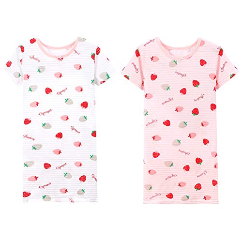 LPATTERN Kinder Mädchen Süß Nachthemd Baumwolle Nachtwäsche Nachtkleid Schlafanzug Sleepwear mit Kurzarm, Weiß Rosa B | Erdbeere 2er Pack, 152-158(Label: 160)