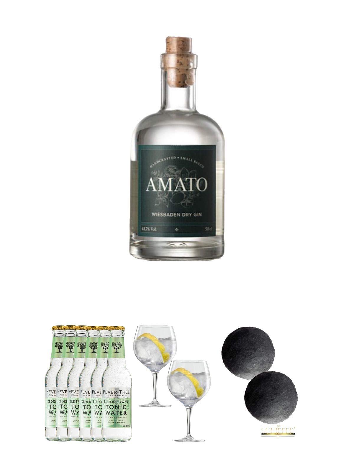 Amato Gin Deutschland 0,5 Liter + Fever Tree Elderflower Tonic Water 6 x 0,2 Liter + Spiegelau Gin & Tonic 4390179 2 Gläser + Schiefer Glasuntersetzer RUND ca. 2 x 9,5 cm Durchmesser