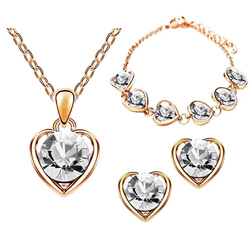 Mianova Damen 3 teiliges Set Rosegold IP in Herz Form mit runden Swarovski Elements Kristall - Ohrringe Armband und Kette Rose Clear