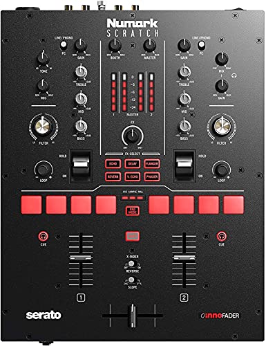 Numark Scratch - Zweikanal DJ Scratch Mixer für Serato DJ Pro (im Lieferumfang enthalten) Mit Innofader Crossfader, DVS-Lizenz, 6 Direktzugriffseffektwählern, Performance-Pads und 24-Bit-Klangqualität