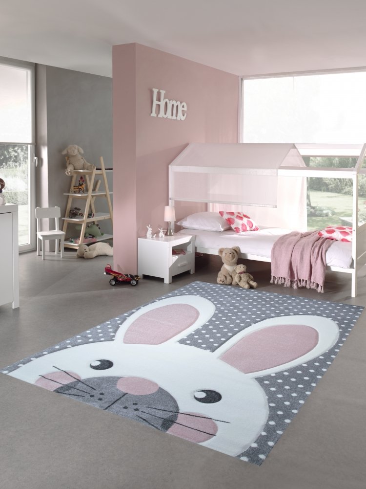 Kinderteppich Spielteppich Teppich Kinderzimmer Babyteppich Hase in Rosa Weiss Grau Größe 160x230 cm