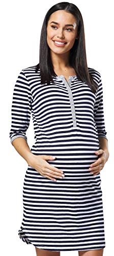 HAPPY MAMA Damen Mutterschaft Gestreift Nachthemd Frontseite öffnen Hemd 007p (Marine Streifen, 38-40, M)