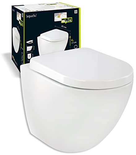 'aquaSu® Spülrandloses Wand-WC aCobo +5cm mit WC-Sitz | 5 cm erhöht | Sitz mit Absenkautomatik | Tiefspüler | Abgang waagerecht | Hänge-Toilette | Wandmontage | Sanitärkeramik | weiß | 04877 4