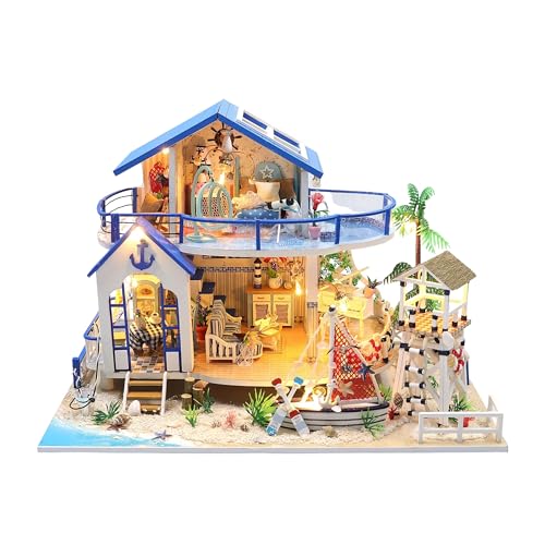 Crafts&Co® DIY Miniature Haus mit Möbeln | DIY Puppenhaus Erwachsene | Hölzernes Puppenhaus-Kit | Holz Mini Haus Modell mit Licht | 1:18 | Strandhaus