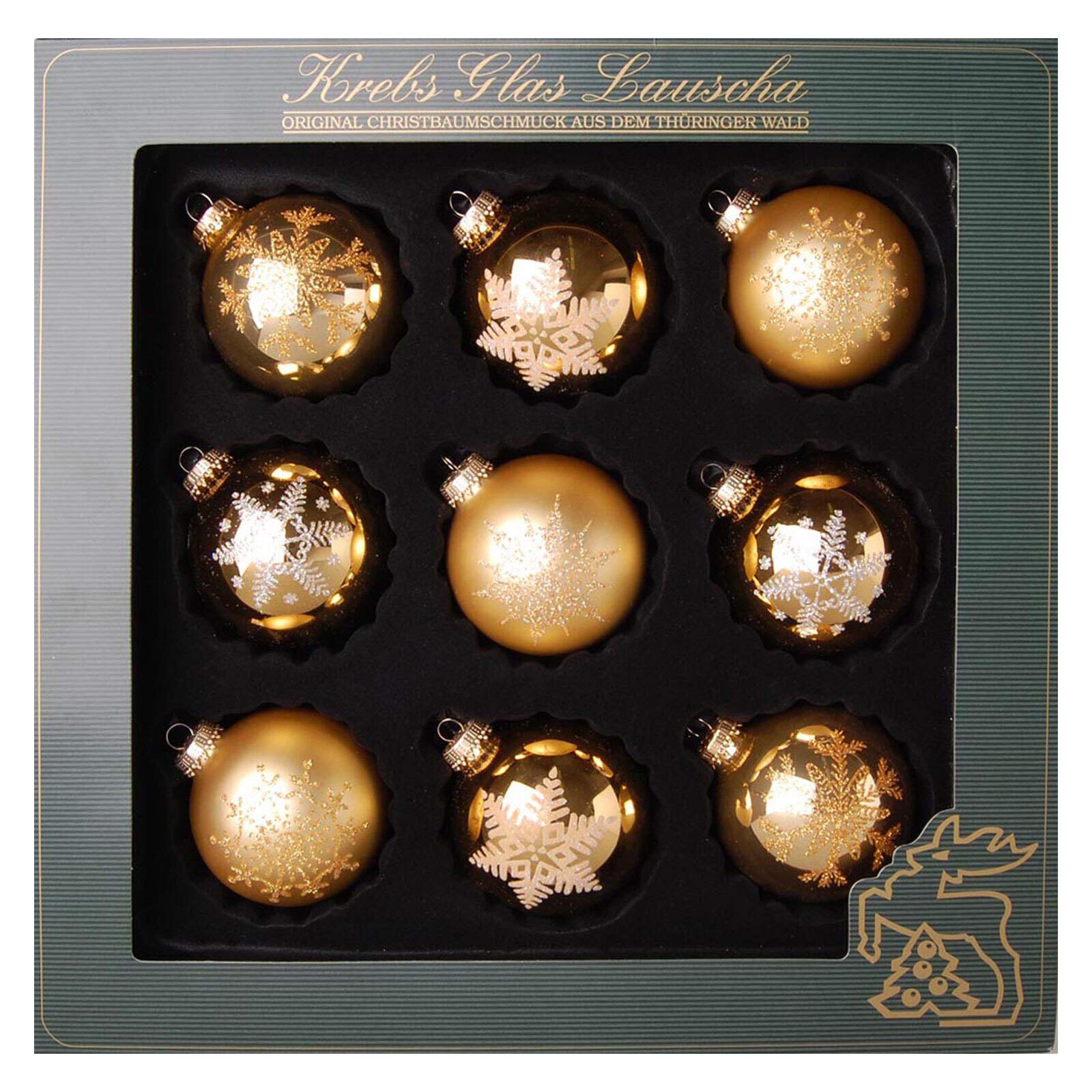 Gold/Satin-Gold, Glaskugelsortiment 8cm, handdekoriert, 9 Stk./Box