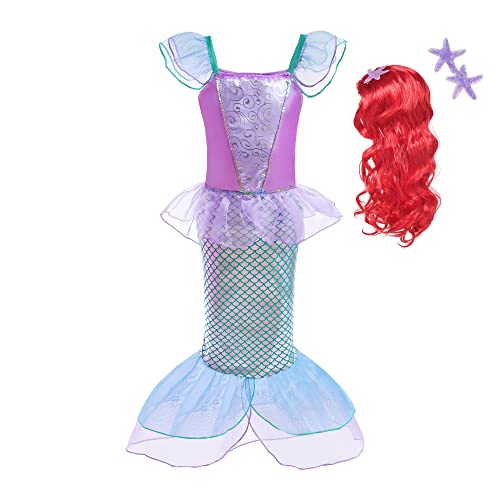 Lito Angels Meerjungfrau Kostüm Kleid mit Haar Perücke für Kinder Mädchen, Halloween Karneval Geburtstag Party Verkleidung, Größe 8-9 Jahre 134, Lila