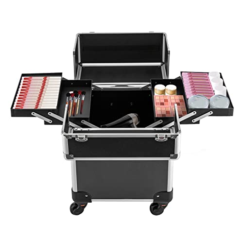 Kosmetikkoffer Trolley mit Rollen Professioneller Kosmetikwagen Make up Organizer Koffer Aluminium Schminkkoffer 360° Drehbar Nägel Koffer Friseurkoffer (Schwarz)