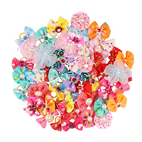 POPETPOP Popopopp Schleifen für Hunde und Katzen, mit Gummibändern, Mehrfarbig, mit Strasssteinen, Blumen, für Welpen, 50 Stück