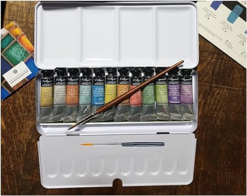 Sennelier Aquarellfarben-Set, extrafines, irisierendes Fines, Metalldose, 12 Farben x 10 ml, mit 2 Pinsel