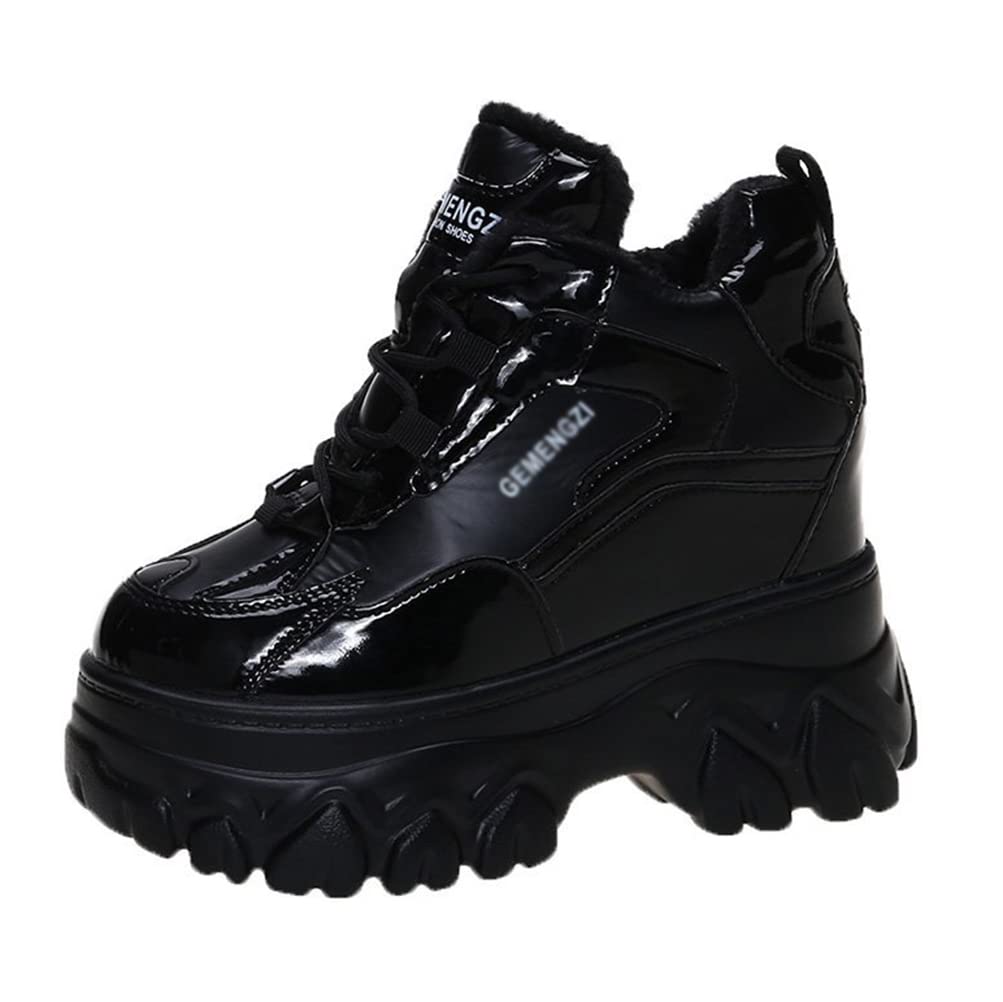 Damen Winter Platform Sneakers versteckt Zunehmende warme High Heels Casual Sportschuhe Schnüren Turnschuhe mit kurzem Plüsch