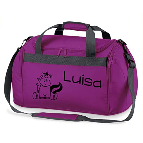 Sporttasche mit Namen für Mädchen | Motiv Einhorn für Kinder | Personalisieren & Bedrucken | Reisetasche Umhängetasche Duffle Bag (lila)