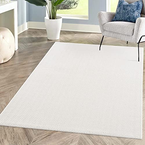 carpet city Teppich Einfarbig Weiß Wohnzimmer - Rechteckig 120x160 cm - Hochtief-Chevron-Muster, 3D-Effekt - Kurzflor Teppiche Modern - Deko Home&Living