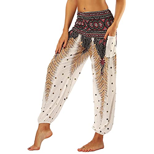 Nuofengkudu Frau Hippie Hose Pumphose Haremshose Aladdinhosen Boho Gemustert Gesmockte Taille mit Taschen Yogahose Freizeithose Sommerhose Strandhose Braun Pfau