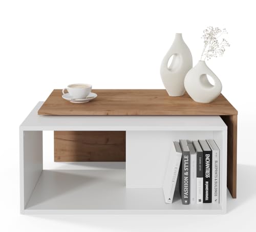 PLATAN ROOM Couchtisch Kaffeetisch 2er Set 90x48x40 cm, moderner Wohnzimmertisch, Sofatisch mit Stauraum, Satztisch (Eiche/Weiß)